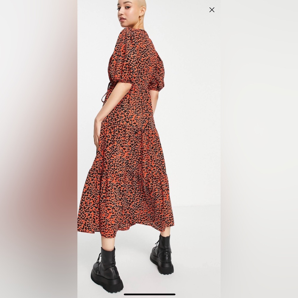 ASOS wrap front tiered smock midi dress in red animal print - Picture 3 of 7